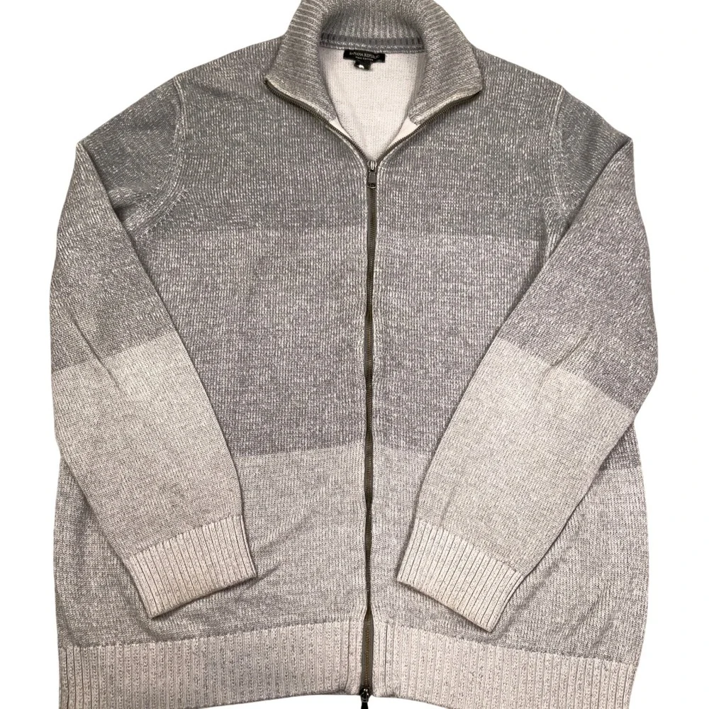 Banana Republic Cardigan Mens XXLT Gray Marled Stripes Zip Mock Cotton‎ Sweater
